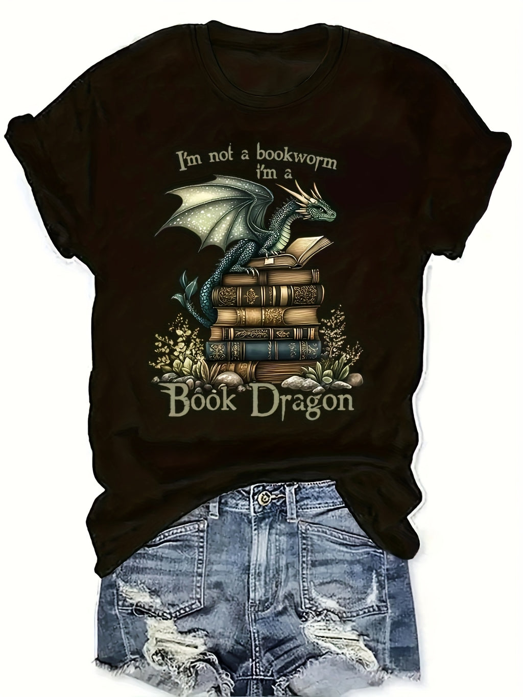 Book Dragon T-Shirt - "I'm Not a Nerd" Funny Women's Casual T-Shirt, Short Sleeve Round Neck, Green Dragon & Books Design, Perfect for Spring/Summer Fashion, Summer Tshirt | Humorous Design | Comfortable Fabric, Dragon T Sh