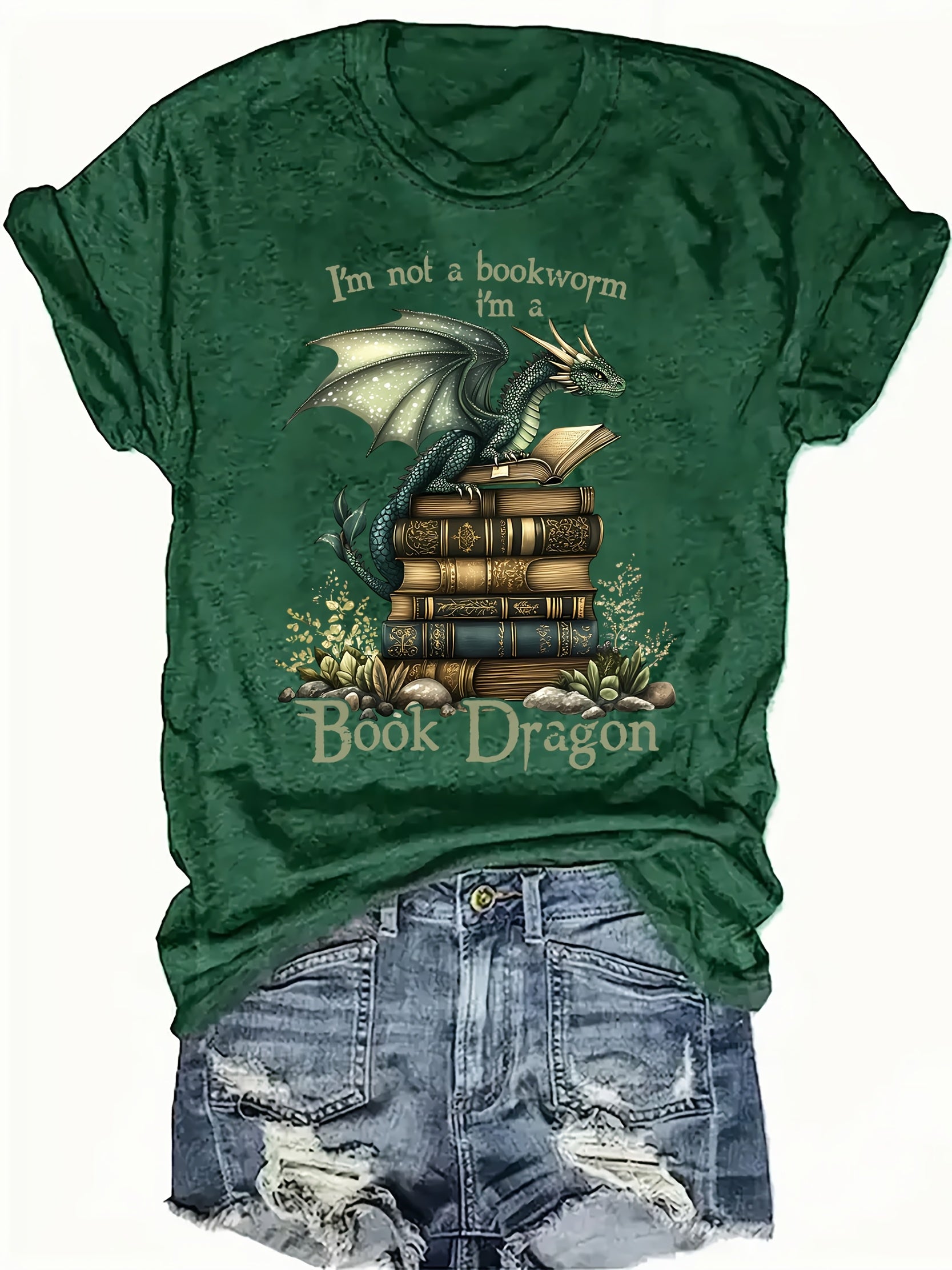 Book Dragon T-Shirt - "I'm Not a Nerd" Funny Women's Casual T-Shirt, Short Sleeve Round Neck, Green Dragon & Books Design, Perfect for Spring/Summer Fashion, Summer Tshirt | Humorous Design | Comfortable Fabric, Dragon T Sh