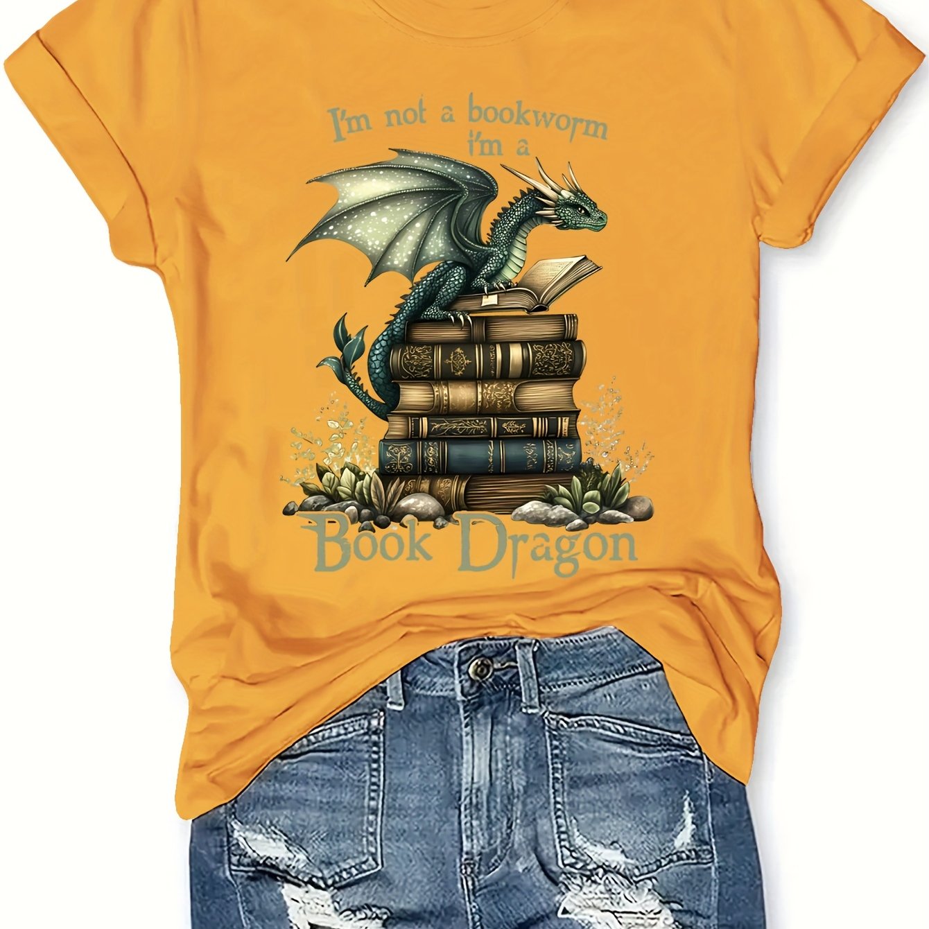 Book Dragon T-Shirt - "I'm Not a Nerd" Funny Women's Casual T-Shirt, Short Sleeve Round Neck, Green Dragon & Books Design, Perfect for Spring/Summer Fashion, Summer Tshirt | Humorous Design | Comfortable Fabric, Dragon T Sh