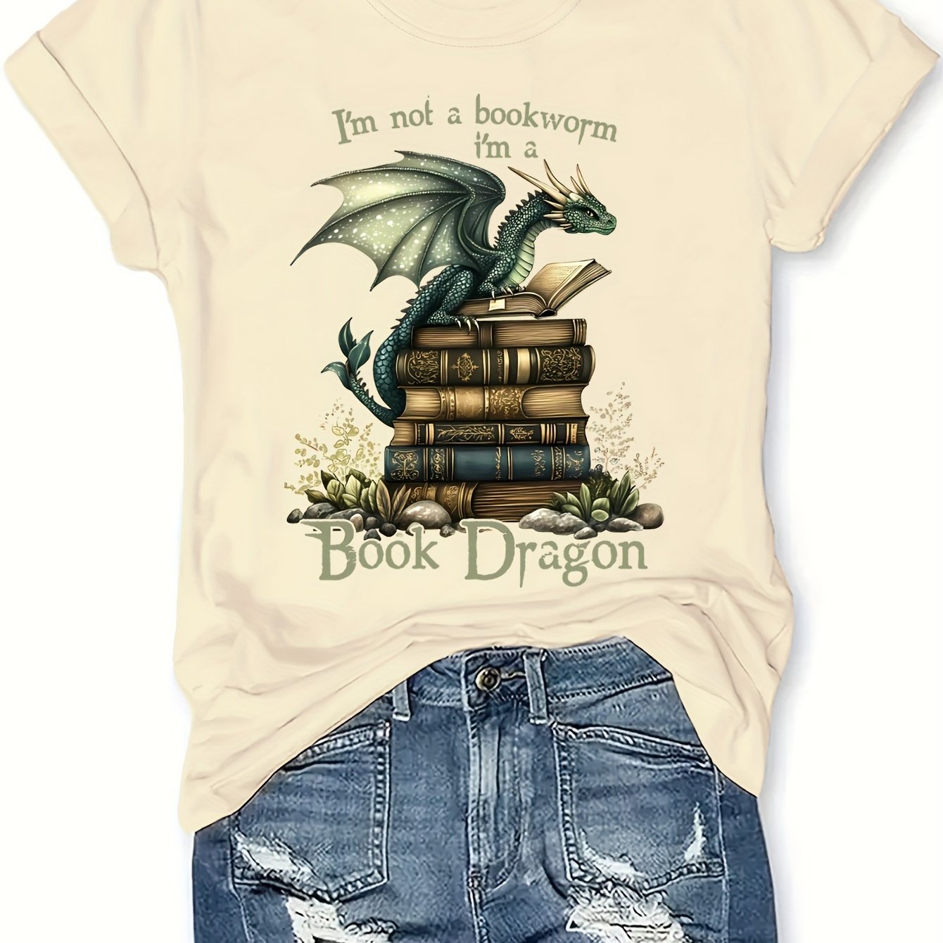 Book Dragon T-Shirt - "I'm Not a Nerd" Funny Women's Casual T-Shirt, Short Sleeve Round Neck, Green Dragon & Books Design, Perfect for Spring/Summer Fashion, Summer Tshirt | Humorous Design | Comfortable Fabric, Dragon T Sh