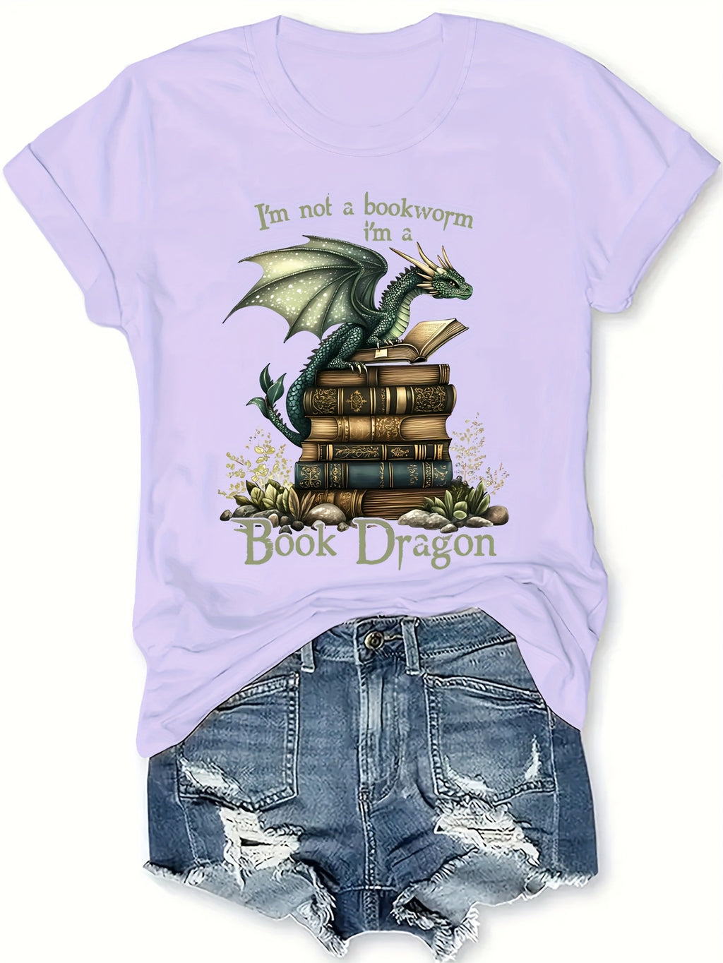 Book Dragon T-Shirt - "I'm Not a Nerd" Funny Women's Casual T-Shirt, Short Sleeve Round Neck, Green Dragon & Books Design, Perfect for Spring/Summer Fashion, Summer Tshirt | Humorous Design | Comfortable Fabric, Dragon T Sh