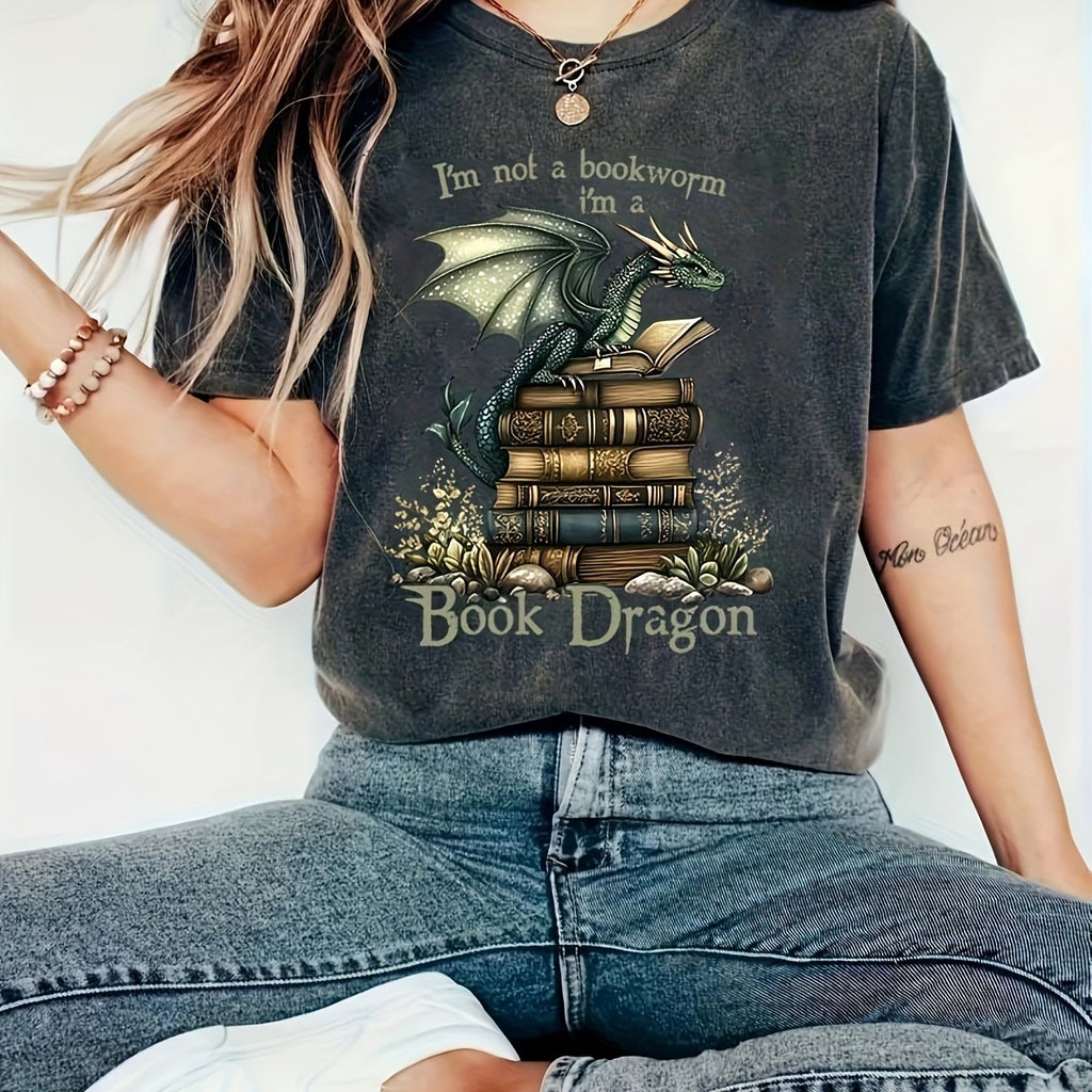 Book Dragon T-Shirt - "I'm Not a Nerd" Funny Women's Casual T-Shirt, Short Sleeve Round Neck, Green Dragon & Books Design, Perfect for Spring/Summer Fashion, Summer Tshirt | Humorous Design | Comfortable Fabric, Dragon T Sh