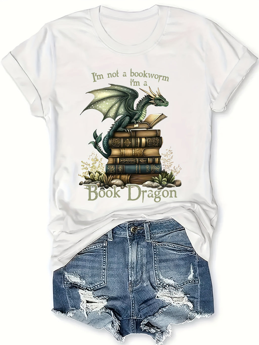 Book Dragon T-Shirt - "I'm Not a Nerd" Funny Women's Casual T-Shirt, Short Sleeve Round Neck, Green Dragon & Books Design, Perfect for Spring/Summer Fashion, Summer Tshirt | Humorous Design | Comfortable Fabric, Dragon T Sh